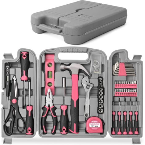 Coffret d'outils roses de 56 pièces pour la maison et le bureau. Ce coffret complet contient tous les outils à main essentiels pour les réparations courantes, l'entretien et les travaux de bricolage. (1/5)