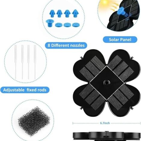 Pompe à eau solaire pour fontaine, fontaine à eau pour bain d'oiseaux de 3,5 W avec 8 buses et 4 supports, adaptée aux jardins, étangs et piscines. (1/4)