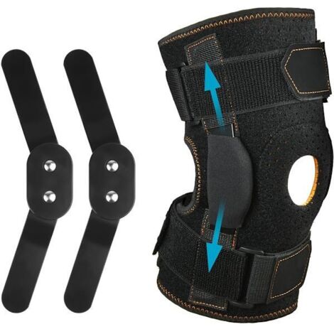 Genouillère articulée avec conception rotulienne ouverte réglable pour soulager les douleurs au genou, avec sangles parallèles et stabilisateurs bilatéraux, adaptée aux patients souffrant d'arthrite. (1/5)