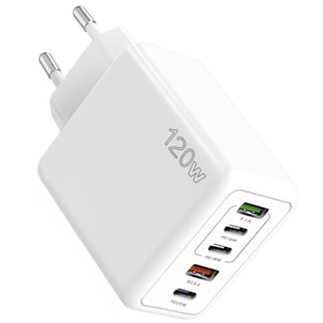Adaptateur de charge rapide 120 W pour téléphones portables, avec 2 ports USB et 3 ports USB-C, compatible avec les téléphones portables, les tablettes et les voyageurs d'affaires. Blanc, norme europé (1/5)