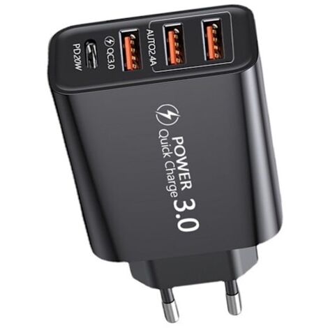 Adaptateur de voyage universel pour l'UE, doté de 3 ports USB, d'un port de charge rapide de type C et d'une prise standard européenne, de couleur noire. (1/5)