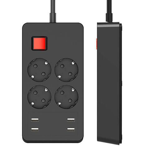 Multiprise parafoudre multifonctionnelle avec 4 prises de courant et 4 ports USB, avec interrupteur de surcharge indépendant, 1,5 mètre de long, noire. (1/5)
