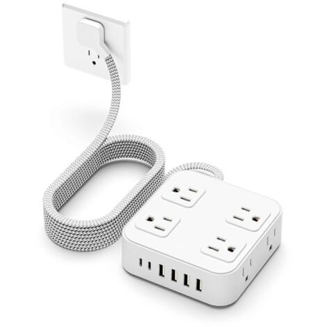 Câble d'extension plat ultra-mince, 1,5 mètre, multiprise mince, avec port USB (1 port USB-C), chargeur mural à connecteur plat avec protection contre les surtensions et 3 prises.