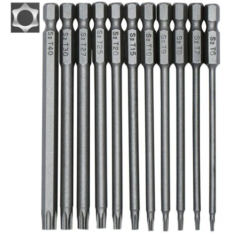 Jeu de 11 embouts longs Torx 100 mm – Acier allié S2 – Tige hexagonale 1/4' – Tailles T6 à T40 – Embouts magnétiques pour espaces restreints (1/5)