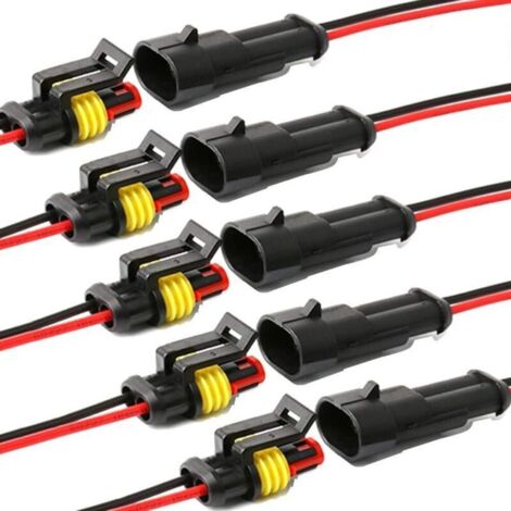 Connecteur étanche,connecteurs de Fils électriques autobloquants à 2 Broches avec Fil 16 AWG Marine pour Les connexions de Voiture,Camion,Bateau et Autres Fils. (5pack) (2pin Connector) (1/4)