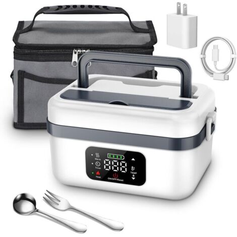 Boîte à lunch chauffante électrique sans fil. chauffe-plats rechargeable avec récipient de 1 L. fourchette. cuillère et sac de transport isotherme pour voiture. camion. voyage. bureau (blanc) (1/5)