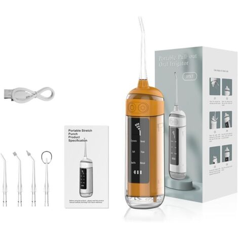 Douche buccale 6 modes - Irrigateur buccal portable. étanche IPX7. fil dentaire inclus. brosse à dents avec 4 embouts. à domicile et en voyage. orange (1/5)