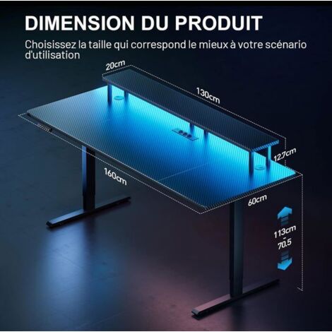 JoliJour Led Gamingbureau, 180 x 60 cm, pc-gamingtafel, ergonomische computertafel, belastbaar, werktafel, gaming-pc met bekerhouder en hoofdtelefoonhaak, 2 groeven
