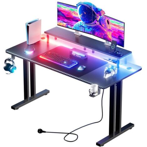 HLONONE Gamingtafel Met Led, Gamingbureau, 160 X 60 Cm Stabiele Computertafel Koolstofvezelcoating Gamertafel Bekerhouder En Hoofdtelefoonhaak Zwart 1723010278