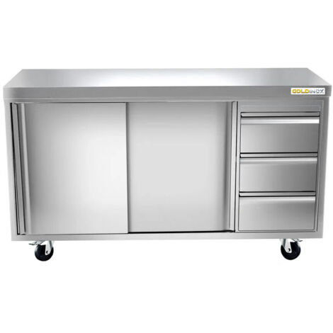 Meuble bas inox 2000x700 mm avec 3 tiroirs à droite sur roulettes PREMIUM - GOLDINOX (1/2)