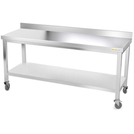 Table de travail en inox 2000 x 800 mm adossée sur roulettes PREMIUM - GOLDINOX (1/4)
