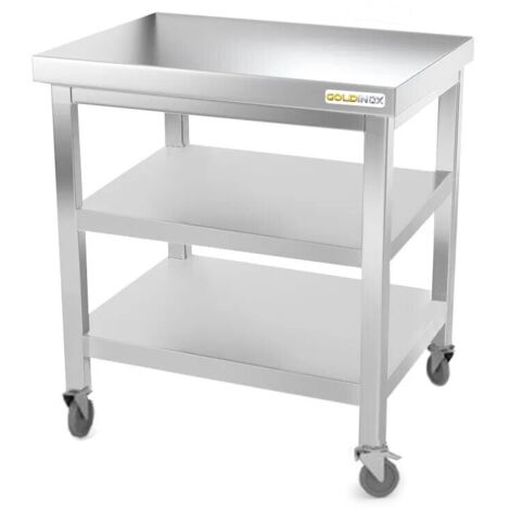 Table de travail en inox 600 x 600 mm avec 2 étagères sur roulettes PREMIUM - GOLDINOX