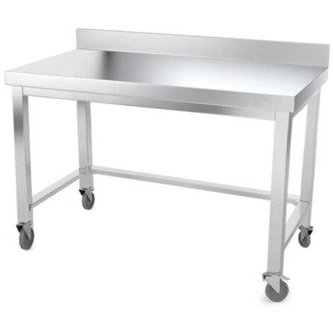 Table de travail en inox 1500 x 500 mm adossée avec renfort sur roulettes PREMIUM - GOLDINOX (1/4)