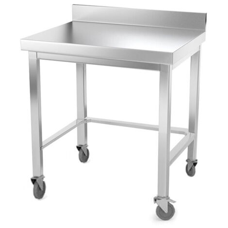 Table de travail en inox 800 x 800 mm adossée avec renfort sur roulettes PREMIUM - GOLDINOX (1/4)