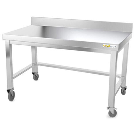 Table de travail en inox soubassement 1400 x 800 mm adossée avec renfort sur roulettes PREMIUM - GOLDINOX (1/4)