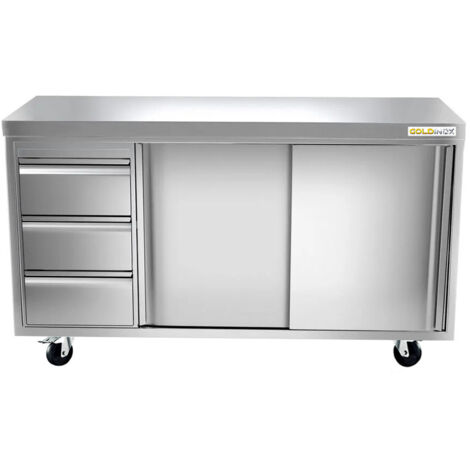 Meuble bas inox 1600x600 mm avec 3 tiroirs à gauche sur roulettes PREMIUM - GOLDINOX (1/2)