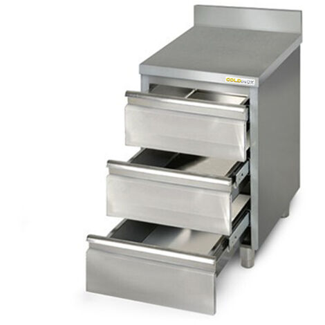 Meuble bas inox 500 x 600 mm adossée avec 3 tiroirs PREMIUM - GOLDINOX (1/3)