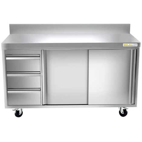 Meuble bas inox 1800x700 mm adossée avec 3 tiroirs à gauche sur roulettes PREMIUM - GOLDINOX (1/2)