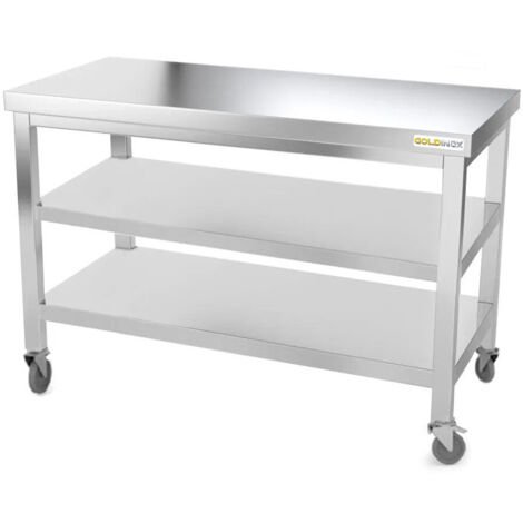 Table de travail en inox 1500 x 600 mm avec 2 étagères sur roulettes PREMIUM - GOLDINOX