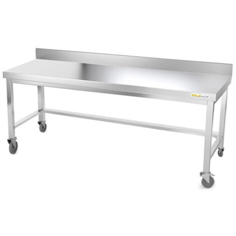 Table de travail en inox soubassement 1800 x 500 mm avec dosseret et renfort sur roulettes PREMIUM - GOLDINOX (1/4)