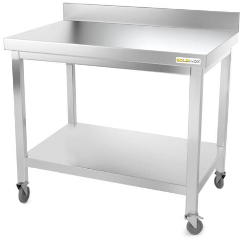 Table de travail en inox 1000 x 800 mm adossée sur roulettes PREMIUM - GOLDINOX (1/4)
