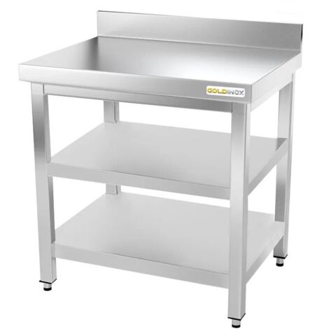 Table de travail en inox 800 x 500 mm adossée avec 2 étagères PREMIUM - GOLDINOX (1/4)