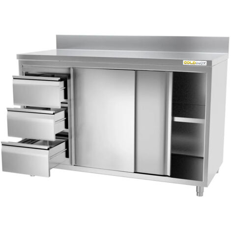 Meuble bas inox 1800x700 mm adossée avec 3 tiroirs à gauche PREMIUM - GOLDINOX (1/3)