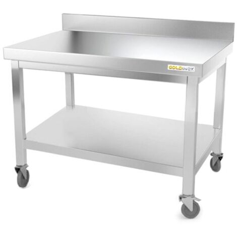 Table de travail en inox soubassement 1000 x 600 mm adossée sur roulettes PREMIUM - GOLDINOX (1/4)