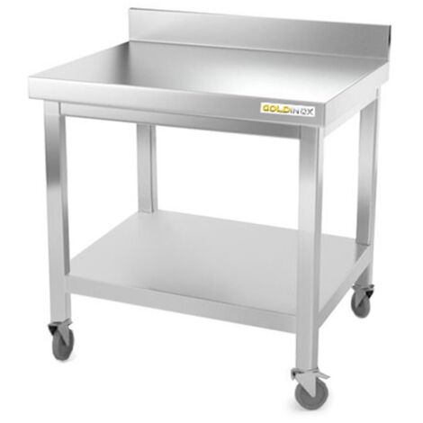 Table de travail en inox soubassement 600 x 600 mm adossée sur roulettes PREMIUM - GOLDINOX (1/4)