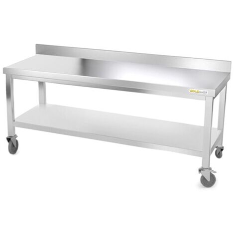 Table de travail en inox soubassement 2000 x 800 mm adossée sur roulettes PREMIUM - GOLDINOX (1/4)