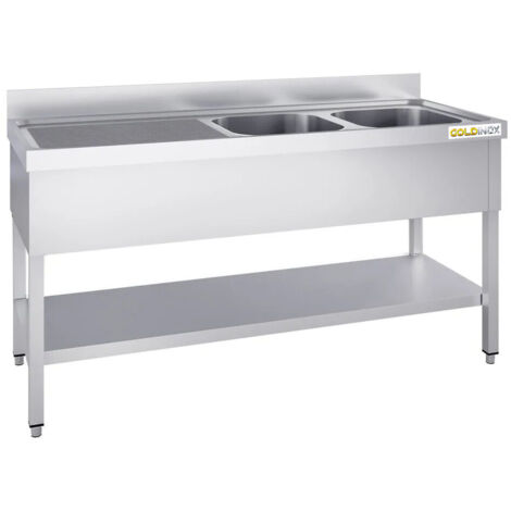 Plonge inox 1600x600mm avec 2 bacs à droite et égouttoir à gauche PREMIUM - GOLDINOX