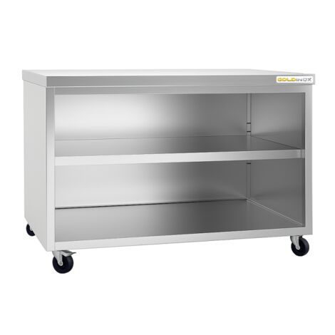 Meuble bas inox ouvert 1400x800 mm sur roulettes PREMIUM - GOLDINOX (1/4)