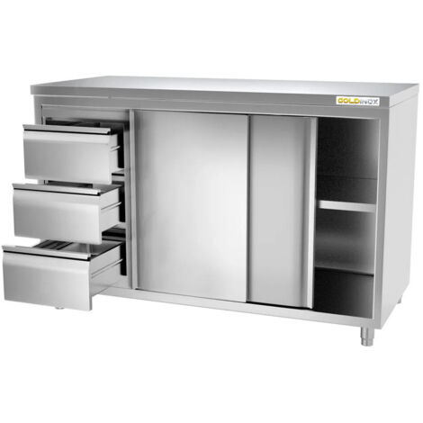 Meuble bas inox 1800x700 mm avec 3 tiroirs à gauche PREMIUM - GOLDINOX (1/3)