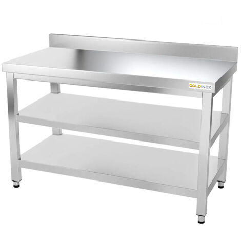 Table de travail en inox 1500 x 600 mm adossée avec 2 étagères PREMIUM - GOLDINOX (1/4)