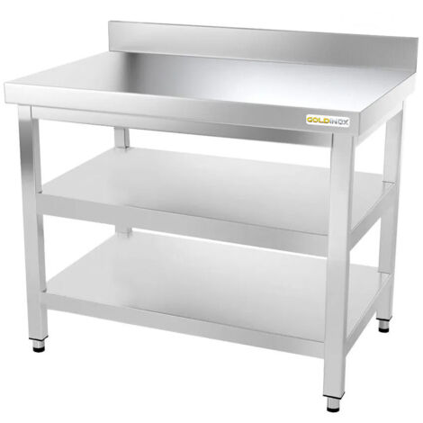 Table de travail en inox 1000 x 500 mm adossée avec 2 étagères PREMIUM - GOLDINOX (1/4)