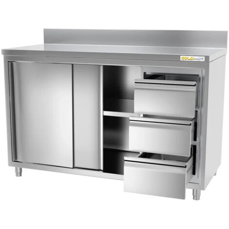 Meuble bas inox 1600x700 mm adossée avec 3 tiroirs à droite PREMIUM - GOLDINOX (1/3)