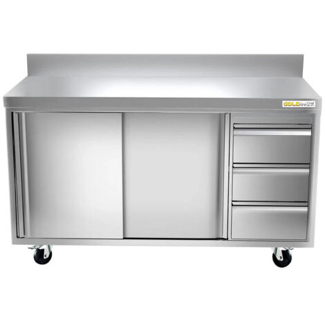 Meuble bas inox 1600x700 mm adossée avec 3 tiroirs à droite sur roulettes PREMIUM - GOLDINOX (1/2)