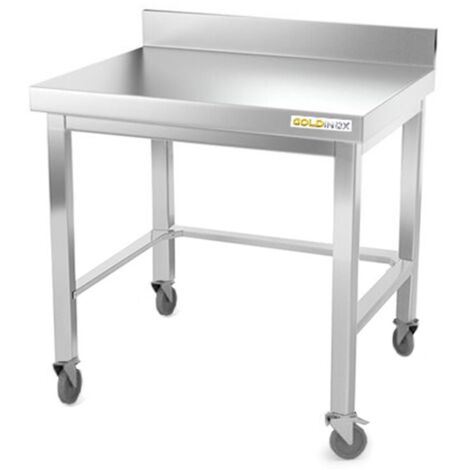 Table de travail en inox soubassement 600 x 700 mm adossée avec renfort sur roulettes PREMIUM - GOLDINOX (1/4)