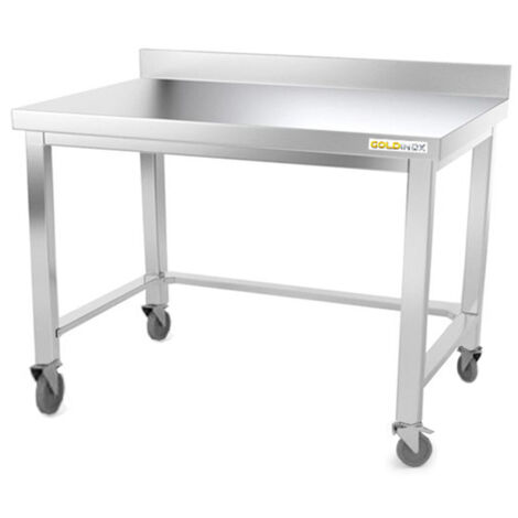 Table de travail en inox soubassement 1000 x 700 mm adossée avec renfort sur roulettes PREMIUM - GOLDINOX (1/4)