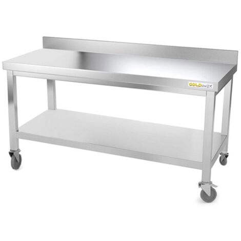 Table de travail en inox soubassement 1600 x 500 mm adossée sur roulettes PREMIUM - GOLDINOX (1/4)