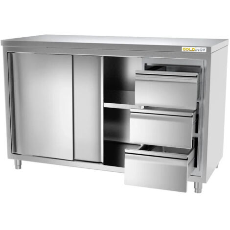 Meuble bas inox 1400x700 mm avec 3 tiroirs à droite PREMIUM - GOLDINOX (1/3)