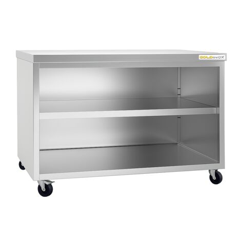 Meuble bas inox ouvert 1600x600 mm sur roulettes PREMIUM - GOLDINOX (1/4)