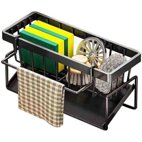 Porte-Éponge en Acier Inoxydable avec Bac Amovible Organiseur Pratique pour Évier de Cuisine, Système de Drainage Automatique, Barre Porte-Serviettes, Design Antidérapant (1/5)