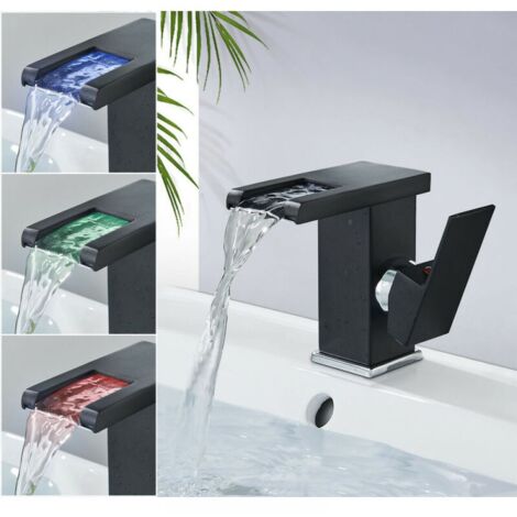 Robinet de lavabo cascade moderne noir à LED, eau chaude et froide, réglable, design minimaliste, durable pour salle de bain,Un ensemble de tuyaux d'eau froids et chauds (1/5)