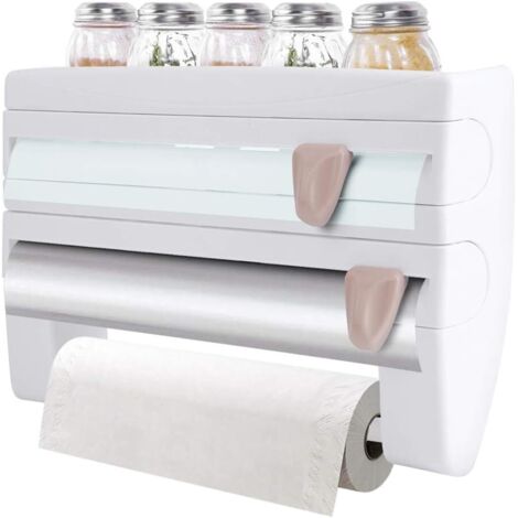 Porte-papier toilette mural, support de rangement pour film alimentaire, coupe-papier aluminium et essuie-tout, porte-rouleau de papier, porte-essuie-tout multifonctionnel avec coupe-papier aluminium, (1/5)