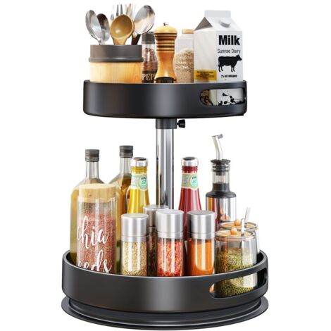Organisateur rotatif à 2 niveaux, étagère à épices en acier, plateau tournant, hauteur réglable, idéal pour le garde-manger, les placards, la table ou la cuisine, 30,5 cm, noir (1/5)