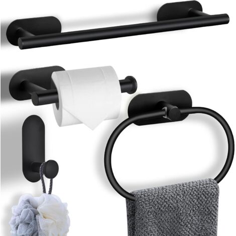 4-Pieces Bathroom Hardware Set, Adhesive Matte Black Bathroom Accessories Including 16in Bath Towel Bar, Toilet Paper Holder, Towel Ring, Hooks, Stainless Steel No Drill Sticky on Towel Holder Kit (1/5)