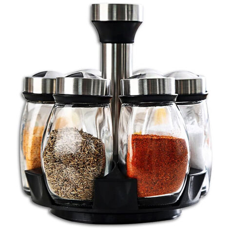 Porte-épices pour pots à épices, carrousel à épices rotatif à 350°, porte-épices portable en acier inoxydable transparent avec 6 pots à épices en verre (1/5)