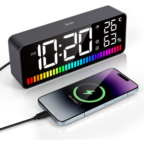 Réveil numérique avec veilleuse RGB, alarme puissante (idéale pour les gros dormeurs), luminosité d'écran réglable, mode 12/24 heures, alimentation USB, réveil de chevet avec fonctions snooze et mémoi (1/5)