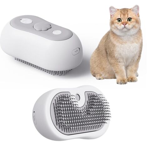 Brosse vapeur 3 en 1 pour animaux, poils en acier incurvés, embout en silicone anti-rayures, démêle le pelage, masse, autonettoyante, chargement USB-C, convient aux chats et aux chiens, blanche (1/5)